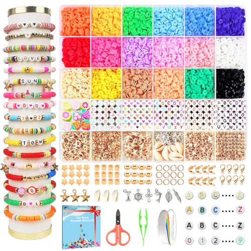 Fournine 5300-teiliges Set zur Herstellung von Armbändern aus Tonperlen, Freundschaftsschmuck-Set mit flachen Perlen, Polymer-Heishi-Set für Halsketten, Bastelarbeiten, Geschenk für Teenager-Mädchen von Fournine