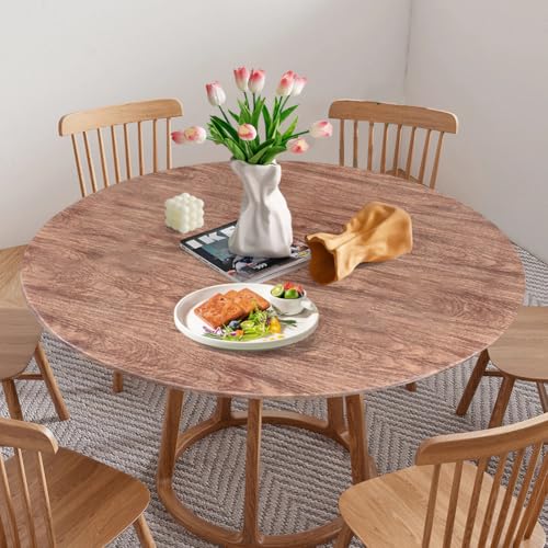 Tischdecke Rund Abwaschbar Tischdecke mit Gummizug, Gartentischdecke Rund mit Gummizug, Gartentischdecke Wetterfest Indoor Ideal für 90cm-110cm (Braun Holzmaserung) von Fouvin