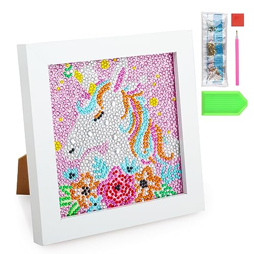 Fowecelt Diamond Painting Bilder Kinder: 5D DIY Diamond Painting Set Einhorn Bilder mit Steinen Kleben Mosaikherstellung Diamant Painting mit Rahmen für Kinder Mädchen Kunst Handwerk 18 X 18 cm von Fowecelt