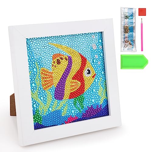 Fowecelt Diamond Painting Bilder Kinder: 5D DIY Diamond Painting Set Fisch Bilder mit Steinen Kleben Mosaikherstellung Diamant Painting mit Rahmen für Kinder Mädchen Kunst Handwerk 18 X 18 cm von Fowecelt