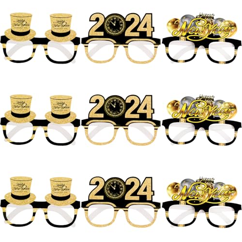 Fowecelt Frohes Neues Jahr Brillen - 9pcs 2024 Gläser Silvester Neuheit Party Gläser Photo Booth Requisiten von Fowecelt