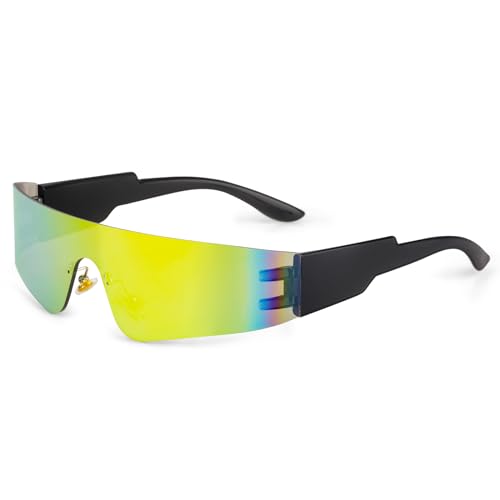 Fowecelt Futuristische Sonnenbrille Space Brille - Rave Sonnenbrille Schnell, Futuristische Brille Gelb, Rahmenlos Verspiegelte Techno Partybrille für Rollenspiel Halloween Zukunft Kostüm von Fowecelt