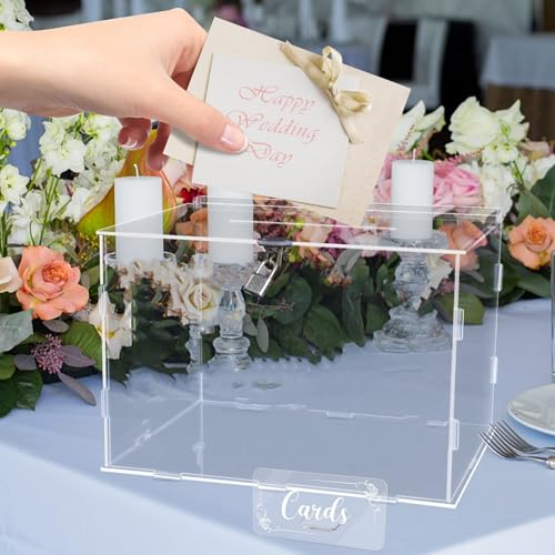 Fowecelt Transparente Acryl-Hochzeitskartenbox mit Schloss, rustikale Kartenbox für Hochzeitsempfang, Brautparty, Geburtstag, Babyparty, Abschlussfeier von Fowecelt