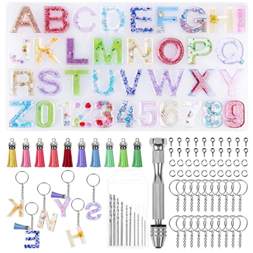 Fowybe Kuchenformen mit Buchstaben - Stabile Buchstabenformen - Ornamentformen Epoxidharz-Set Gießformen Harz-Schlüsselanhänger-Herstellungsset mit 1 Handbohrmaschine, 10 Bohrern, 20 Schlüsselringen von Fowybe