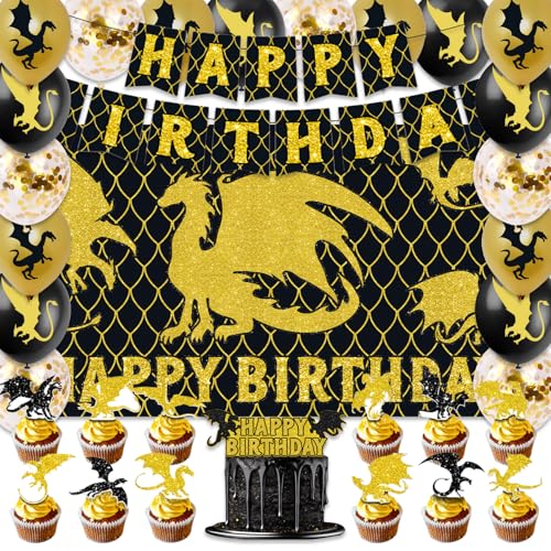 42 Stück schwarz-goldene Drachen-Geburtstagsparty-Dekorationen inklusive Kuchenaufsätze, Cupcake-Topper, Banner, Hintergrund, Luftballons – schwarz-goldenes Drachen-Themen-Partyzubehör-Set für Jungen 42 Stück schwarz-goldene Drachen-Geburtstagsparty-Dekorationen inklusive Kuchenaufsätze, Cupcake-Topper, Banner, Hintergrund, Luftballons – schwarz-goldenes Drachen-Themen-Partyzubehör-Set für Jungen von Foxercases