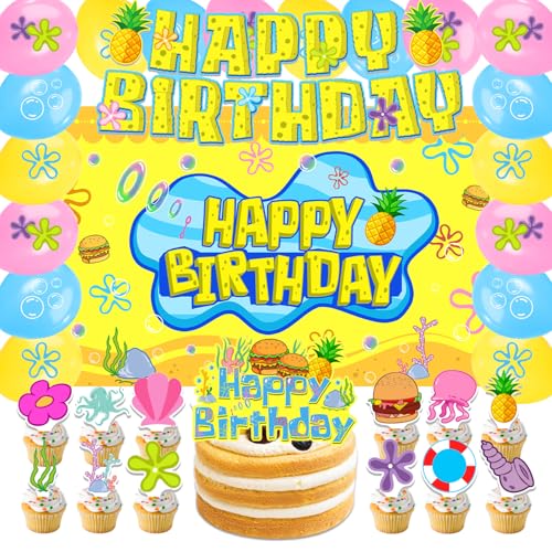 42 gelbe Cartoon-Geburtstagsparty-Dekorationen, inklusive Kuchenaufsätze, Cupcake-Topper, Banner, Hintergrund, Luftballons – gelbes Themenparty-Zubehör-Set für Babyparty von Foxercases
