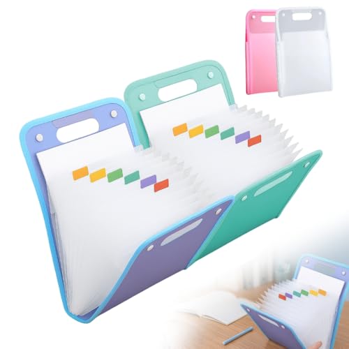 Akkordeon-Aktenordner, Fächermappe, 13 Taschen, Akkordeon-Aktenordner mit Etiketten, tragbarer Dokumenten-Organizer, für A4-Akten, Ordner für Schultasche, Klassenzimmer, Büro (Blau + Grün) von Foxiod