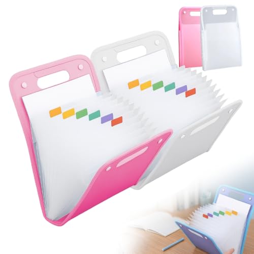 Akkordeon-Aktenordner, Fächermappe, 13 Taschen, Akkordeon-Aktenordner mit Etiketten, tragbarer Dokumenten-Organizer, für A4-Akten, Ordner für Schultasche, Klassenzimmer, Büro (Rosa + Weiß) von Foxiod