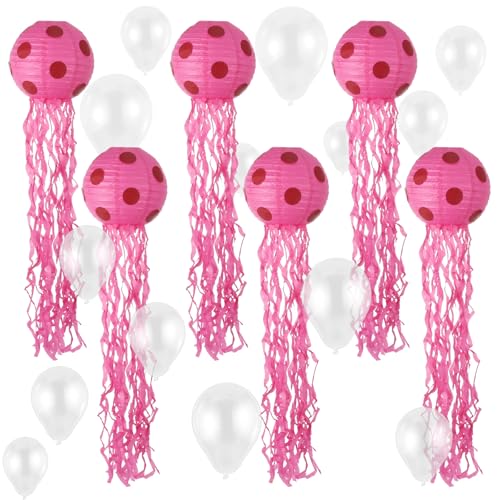 6 Set Schwamm Party hängende Quallen Dekorationen rosa hängende Quallen Papierlaternen mit 12,7 cm 25,4 cm klaren Luftballons für Meerjungfrau Thema unter dem Meer Ozean Geburtstag Party Dekorationen von Foxtell