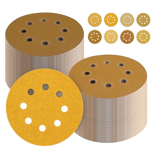 Foydream Schleifpapier 125mm Klett, 120 Stück Scheiben mit Klettverschluss,8 Loch/5 Zoll Schleifscheiben Set mit Körnung 40/60/80/120/180/240/400/800(je 15 Stück),für Exzenterschleifer,Gelb von Foydream