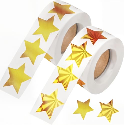 1000PCS Gold sticker sterne für Kinder Belohnung, 1" Gold aufkleber sterne, Selbstklebende Stern Aufkleber Rolle, Metallische Glitter Folie Aufkleber für Wand, Schüler Planer Flöße, 2 Rollen von Foyods
