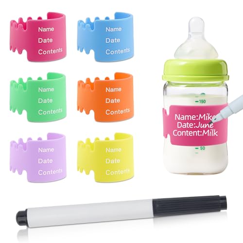 6 Stück Silikon Babyflaschen Aufkleber,Wasserdichte Babyflaschen Etiketten,Wiederverwendbar Babyflaschen Aufkleber,Silikon Aufkleber mit Stift,für Babyflaschen(6 Farben) von Foyods