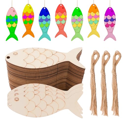 Holzausschnitte in Fischform zum Basteln, unlackierte Fischausschnitte aus Holz, mit Löchern, Holzfische zum Basteln mit Hanfseil, Ozean, hängende Ornamente, 30 Stück von Foyods