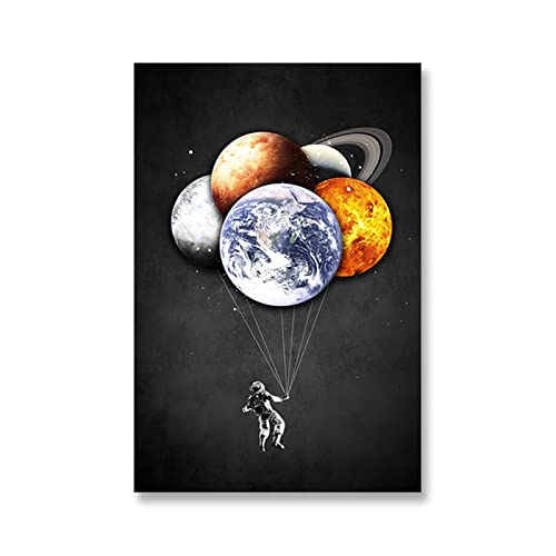 Happy Birthday Ballon Astronaut hält kreative acht planetarische Ballon im Universum, das auf der Erde schaut Sci-Fi-Plakat Home Art-Malerei Luftballons (Color : 50X70cm Unframed, Size : A) von FrEshn