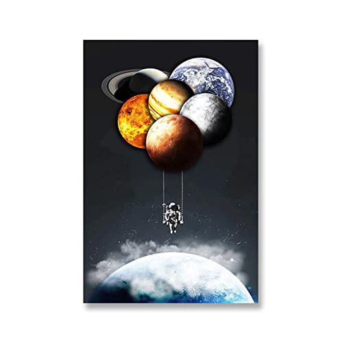 Happy Birthday Ballon Astronaut hält kreative acht planetarische Ballon im Universum, das auf der Erde schaut Sci-Fi-Plakat Home Art-Malerei Luftballons (Color : 60X90cm Unframed, Size : C) von FrEshn