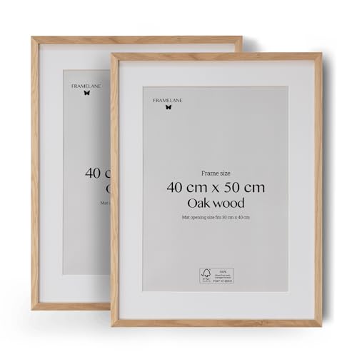 Framelane Set of 2 Bilderrahmen 40x50 Natur Holz - FSC-Zertifiziert - Bilderrahmen mit Passepartout Holz - Kratzfestes & Bruchsicheres Acrylglas - Hochwertiger Eichenrahmen zur Wandmontage von Framelane