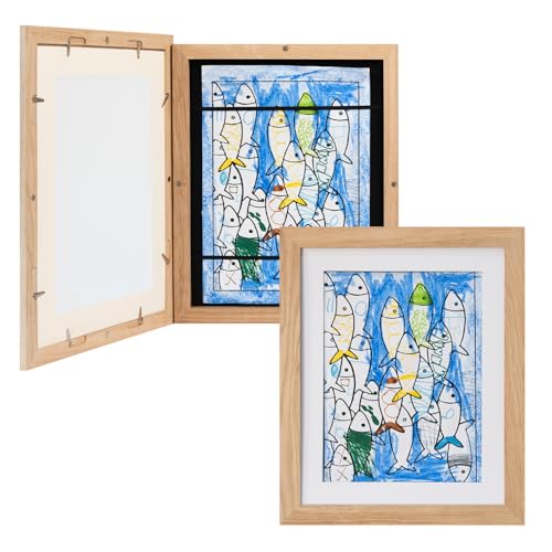 Framelane 2er-Set A4 Bilderrahmen für Kinder im natürlichen Design, mit Aufsteller, Magnetverschluss und Gummibändern zur Aufbewahrung von Zeichnungen - Eiche Natur von Framelane