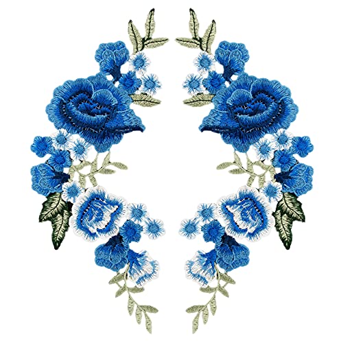 Framendino, 1 Paar blaue Rosen-Stickerei-Aufnäher, schöne Blumen, bestickt, Applikation für Kleidung von Framendino