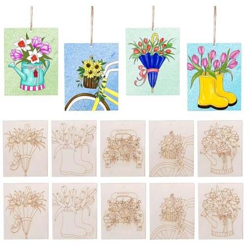 Framendino, 10 Stück große Blumen, unlackiertes Holz, Basteln zum Bemalen für Erwachsene, Frühling, vorgezeichnete Leinwand, Holzornamente zum Bemalen von Framendino