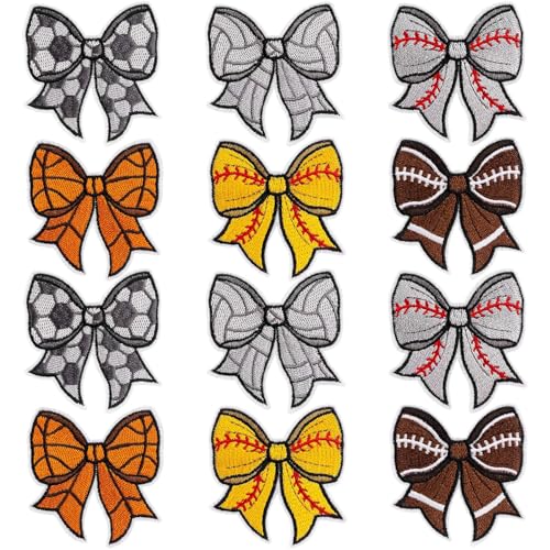 Framendino, 12 Stück Ball-Sport-Patches mit Schleife, zum Aufbügeln, Basketball, Fußball, Baseball, Fußball, bestickt, zum Aufnähen, Reparatur für Kleidung von Framendino
