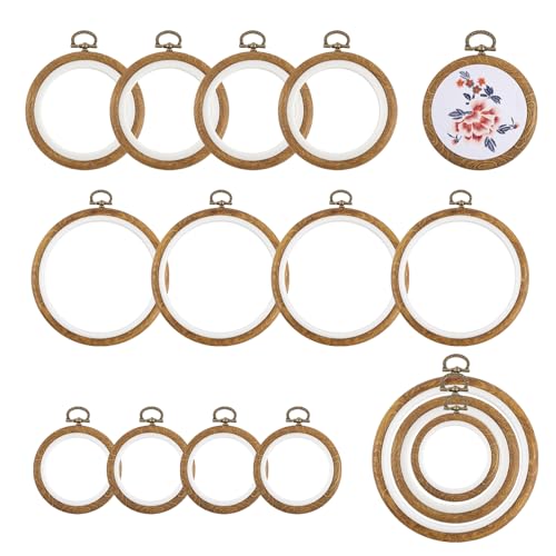 Framendino, 15 Stück runde Stickrahmen aus Holzimitat, Kreis, Kreuzstich, Ring zum Aufhängen von Ornamenten (3 Größen) von Framendino