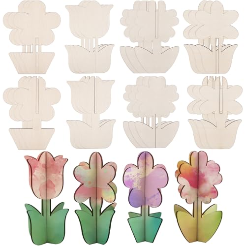 Framendino, 24 Stück 3D-Blumen-Holzausschnitt, Frühlingsblumen, Holzhandwerk zum Bemalen, unlackierte Tulpenscheiben für DIY-Tischdekoration von Framendino