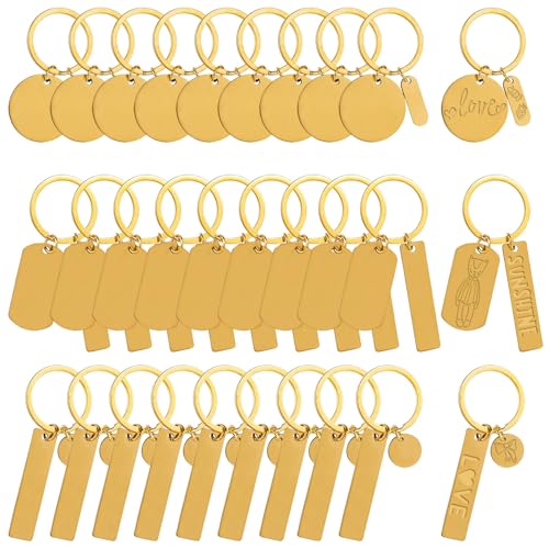 Framendino, 30 Stück 3 Stil Gold Runde Lasergravur Schlüsselanhänger Blank Metall Gravierbar Schlüsselanhänger für DIY von Framendino