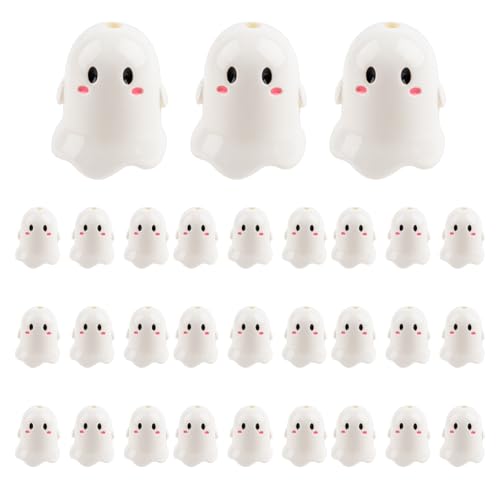 Framendino, 30 Stück Acryl-Perlen in Geisterform, niedliche Halloween-Perlen für Schmuckherstellung, Bastelarbeiten von Framendino