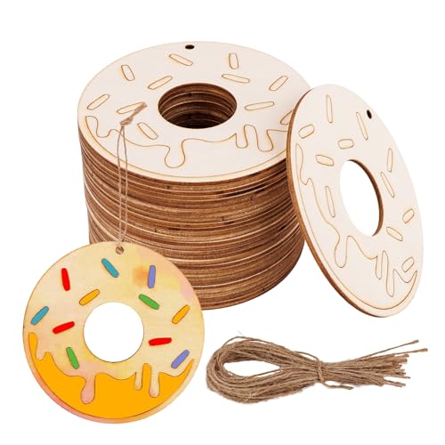 Framendino, 30 Stück Donut-Ausschnitte aus Holz, unlackiert, Donut-Hängeornamente für Bastelarbeiten, Geschenkanhänger von Framendino