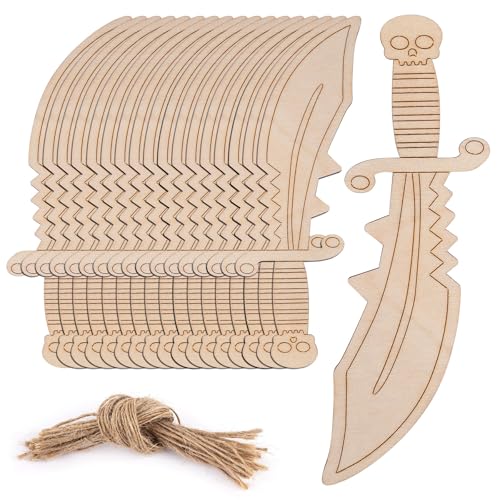 Framendino, 40 Stück unlackierte Holzschwert-Ausschnitte, Holz-Piraten, zum Bemalen mit Hanfseil für Bastelarbeiten, Halloween, Party-Dekoration (18 x 5,5 cm) von Framendino