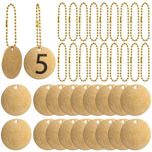 Framendino, 50 Stück 3,8 cm Messing-Ventilanhänger, blanko, Anhänger mit Kugelketten, rundes Metall, für Namens-ID, Lasergravur (Gold) von Framendino