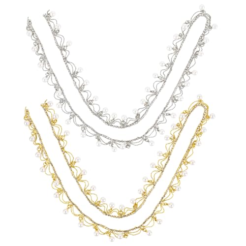 Framendino, Perlenquaste, Fransenbordüre, 2 m, Kristall-Perlenschnur zum Nähen, Basteln, Hochzeitskleid (Silber, Gold), 2 Stück von Framendino