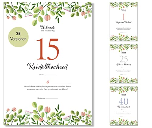 Frank Paperman® | 15 Hochzeitstag Geschenk | Ehejubiläum | Kristall Hochzeit Geschenk | Urkunde Hochzeitstag Geschenkidee | floral | Vordruck im DIN-A4-Format von Frank Paperman