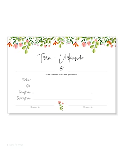 Frank Paperman | 1x Urkunde Eheschließung | orginelle Hochzeitsgeschenke | florales Design | Karte Hochzeit | Vordruck im DIN-A4-Format | Hochzeit Überraschung Standesamt von Frank Paperman