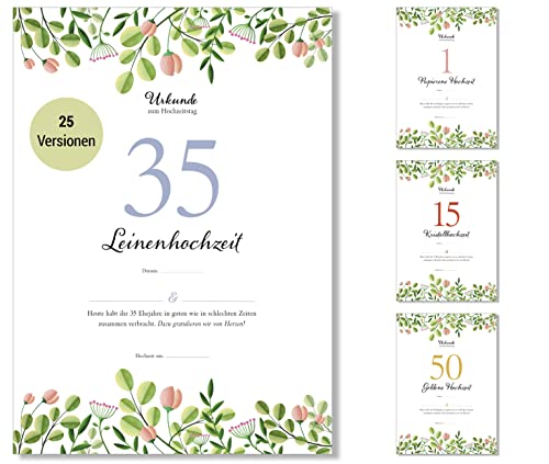 Frank Paperman | 35. Hochzeitstag | Ehejubiläum | Leinenhochzeit | Urkunde Hochzeitstag | floral | Geschenkideen Hochzeitstag | Vordruck im DIN-A4-Format von Frank Paperman