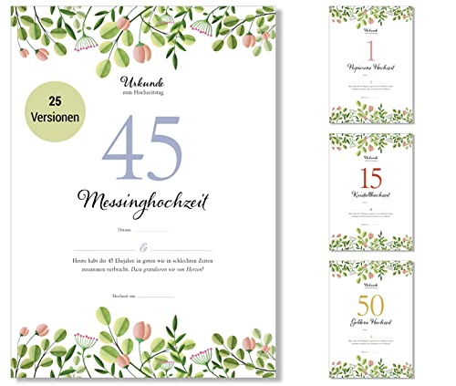 Frank Paperman® | 45 Hochzeitstag | Ehejubiläum | Messing Hochzeit | Urkunde Hochzeitstag Geschenkidee | floral | Vordruck im DIN-A4-Format von Frank Paperman