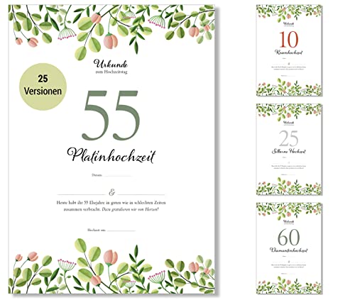 Frank Paperman® | 55 Hochzeitstag | Ehejubiläum | Platinhochzeit | Urkunde Hochzeitstag Geschenkidee | floral | Vordruck im DIN-A4-Format von Frank Paperman