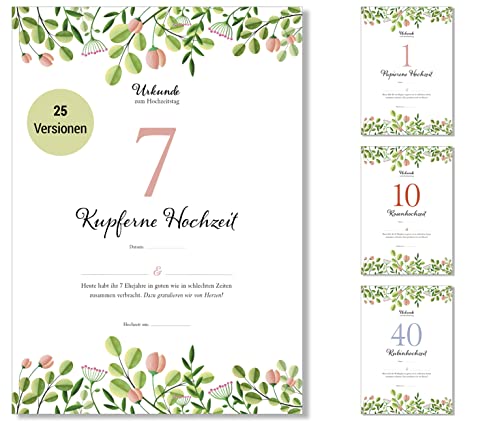 Frank Paperman® | 7. Hochzeitstag Geschenk | Ehejubiläum | kupferne Hochzeit | Urkunde Hochzeitstag Geschenkidee | floral | Vordruck im DIN-A4-Format von Frank Paperman