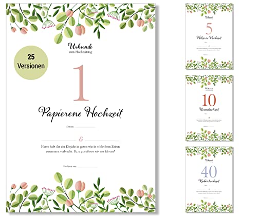 Frank Paperman® | Geschenk zum 1. Hochzeitstag Urkunde| Ehejubiläum | Papier Hochzeit | floral | Geschenk zum Hochzeitstag | Vordruck im DIN-A4-Format von Frank Paperman