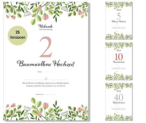 Frank Paperman | Geschenk zum 2. Hochzeitstag | Ehejubiläum | Geschenke zur Baumwollhochzeit | Urkunde Hochzeitstag | floral | Geschenkideen Hochzeitstag | Vordruck im DIN-A4-Format von Frank Paperman