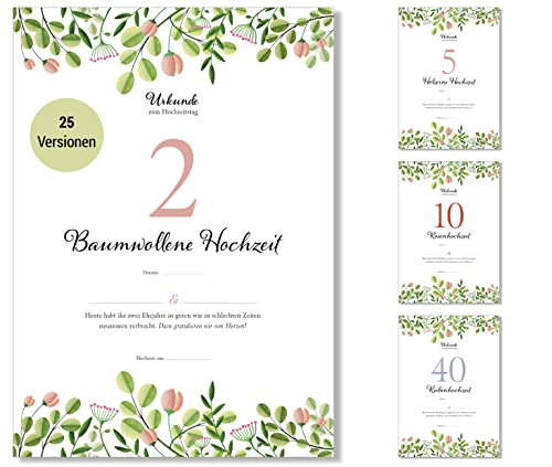 Frank Paperman® | Geschenk zum 2. Hochzeitstag | Ehejubiläum | Geschenke zur Baumwollhochzeit | Urkunde Hochzeitstag Geschenkidee | floral | Vordruck im DIN-A4-Format von Frank Paperman