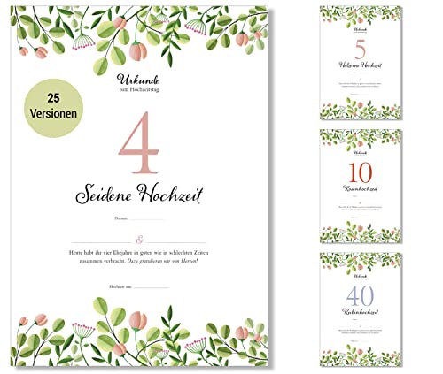 Frank Paperman® | Geschenk zum 4. Hochzeitstag | Ehejubiläum | Seidene Hochzeit | Urkunde Hochzeitstag Geschenkidee | floral | Vordruck im DIN-A4-Format von Frank Paperman