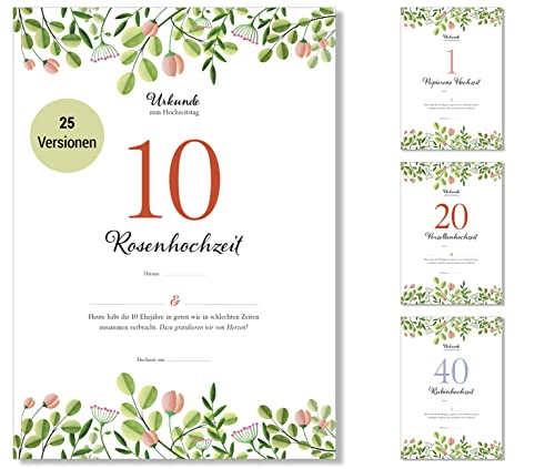 Frank Paperman® | Geschenke zum 10 Hochzeitstag | Ehejubiläum | Rosenhochzeit | Hölzerne Hochzeit Geschenk | Urkunde Hochzeitstag Geschenkidee | floral | Vordruck im DIN-A4-Format von Frank Paperman