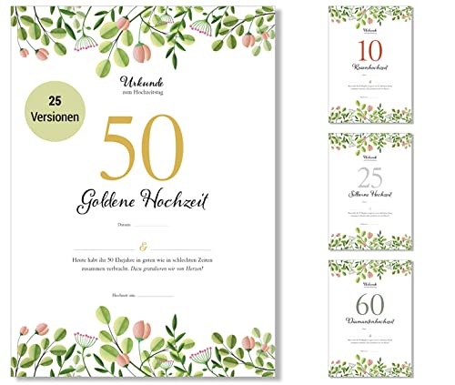 Frank Paperman | Goldene Hochzeit Geschenke | Ehejubiläum | Urkunde goldene Hochzeit 50 | floral | Geschenk zum Hochzeitstag | Vordruck im DIN-A4-Format von Frank Paperman