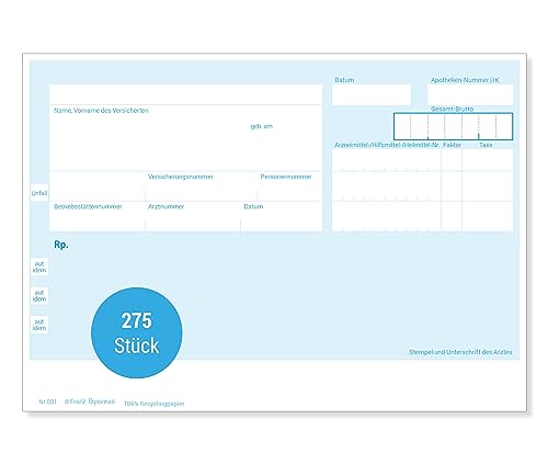 Frank Paperman | Privatrezepte blau für Ärzte | 275 Blätter | ungeblockter Rezeptblock | im DIN-A6-Format | PZN Feld | auch ärztliches Attest genannt von Frank Paperman