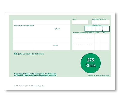 Frank Paperman | Rezeptblock Privatrezept grün | 275 Blätter | ungeblockter Rezeptblock | im DIN-A6-Format | Arzt Zubehör | auch ärztliches Attest genannt von Frank Paperman
