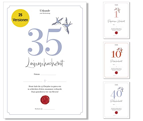 Frank Paperman Geschenk zum 35. Hochzeitstag – Urkunde mit ansprechender Optik im DIN-A4-Format B: 21 cm H: 29,7 cm – mit abgestimmtem Design auf das Jahr und Bezeichnung des Jubiläums von Frank Paperman