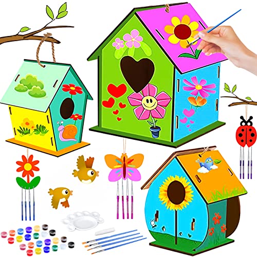 Frasheng 3 Stück DIY Vogelhaus Bausatz Kinder aus Holz,DIY Vogelhaus Kit für Kinder,mit Pigment,Kleine Handgemacht Vogelhaus Holz Kreative Bastelsets,Geschenk für Kinder Geburtstag Kinder von Frasheng