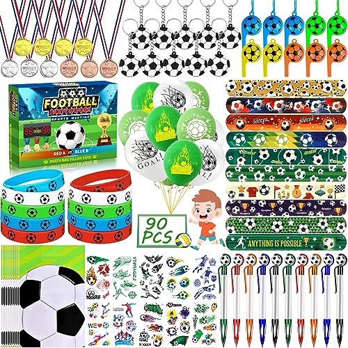 Frasheng 90pcs Fußball Party Mitgebsel Kinder,Fußball Give Aways mit Schnapparmband,Luftballon,Silikonarmband,Trillerpfeife,Medaillen,Partei Geschenk Taschen,Kugelschreiber,Aufkleber usw. von Frasheng