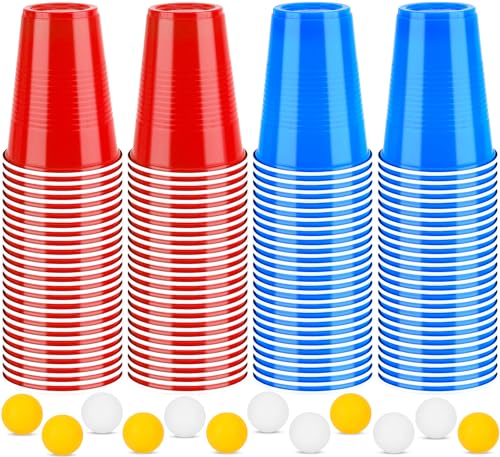 Frasheng Beerpong Partybecher,100 Becher 12 Bällen,Beer Pong Becher,Plastikbecher Rot und Blau 16oz,Wiederverwendbare Party Becher,Bierpong Becher Set,für Weihnachten,Geburtstag,Hochzeit von Frasheng